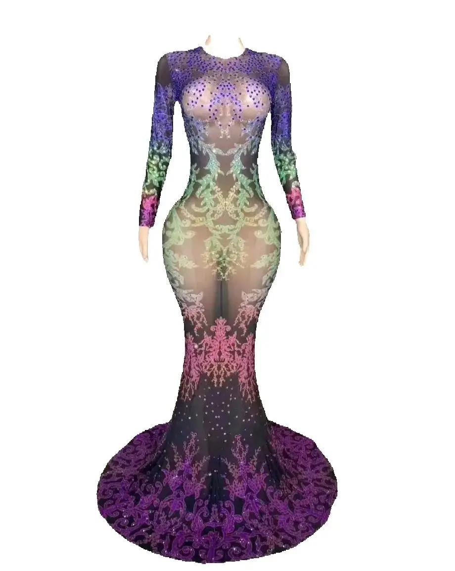 ZD Abito da festa per celebrità aderente lungo fino al pavimento con paillettes completo Personalizza il fianchi lungo aderente sexy scollato da donna