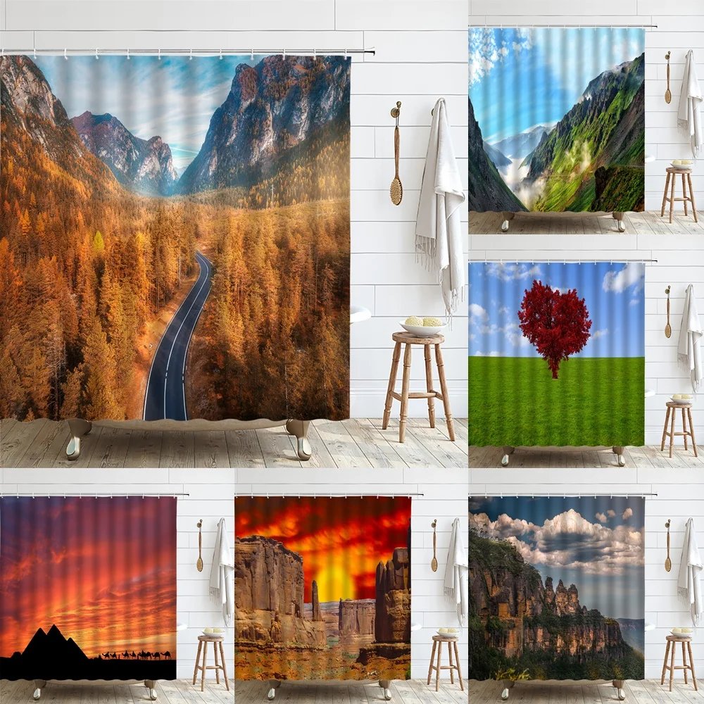 

Forest Mountains Landscape Shower Curtain Tree Natural Cliff Polyester Fabric Home Bathroom Decor Bathtub Screen Set With Hooks