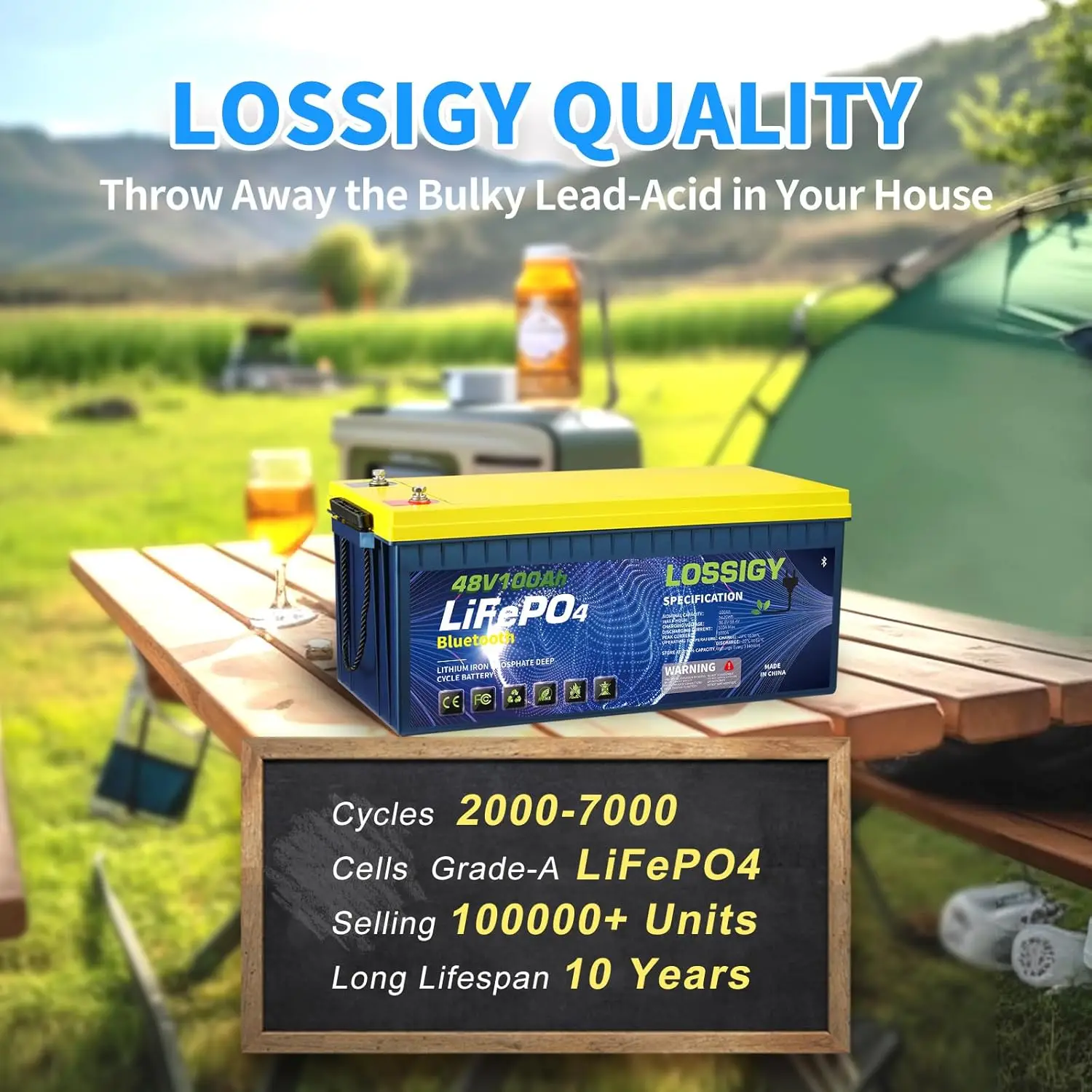 LOSSIGY 48V battery, 100AH, 48V 18A LiFePO4 charger (including 300A separator), built-in 200A Bluetooth BMS, peak current 1000A