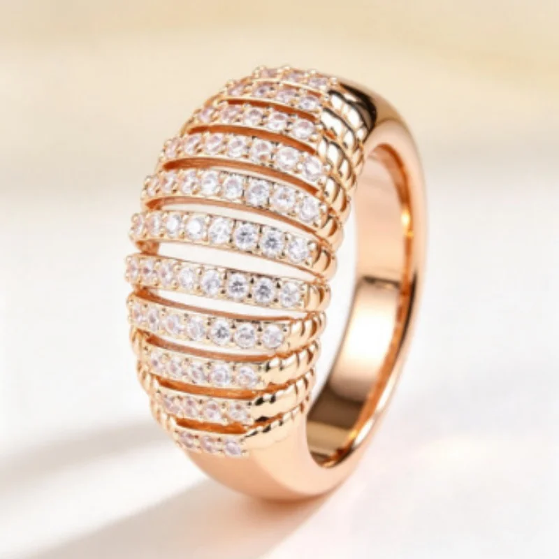 European and American Multi-layer Hollow Wide Ring, Light Luxury and Grand, Attending Banquets with Shiny Zircon Accessories