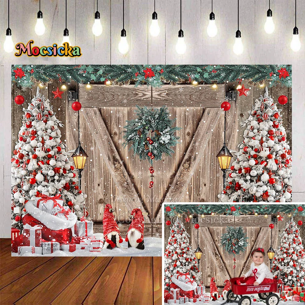 

Mocsicka Christmas Wooden Door Background Photography Studio Red Xmas Tree Gift Decor Backdrop Rustic Barn Family Kid Photobooth