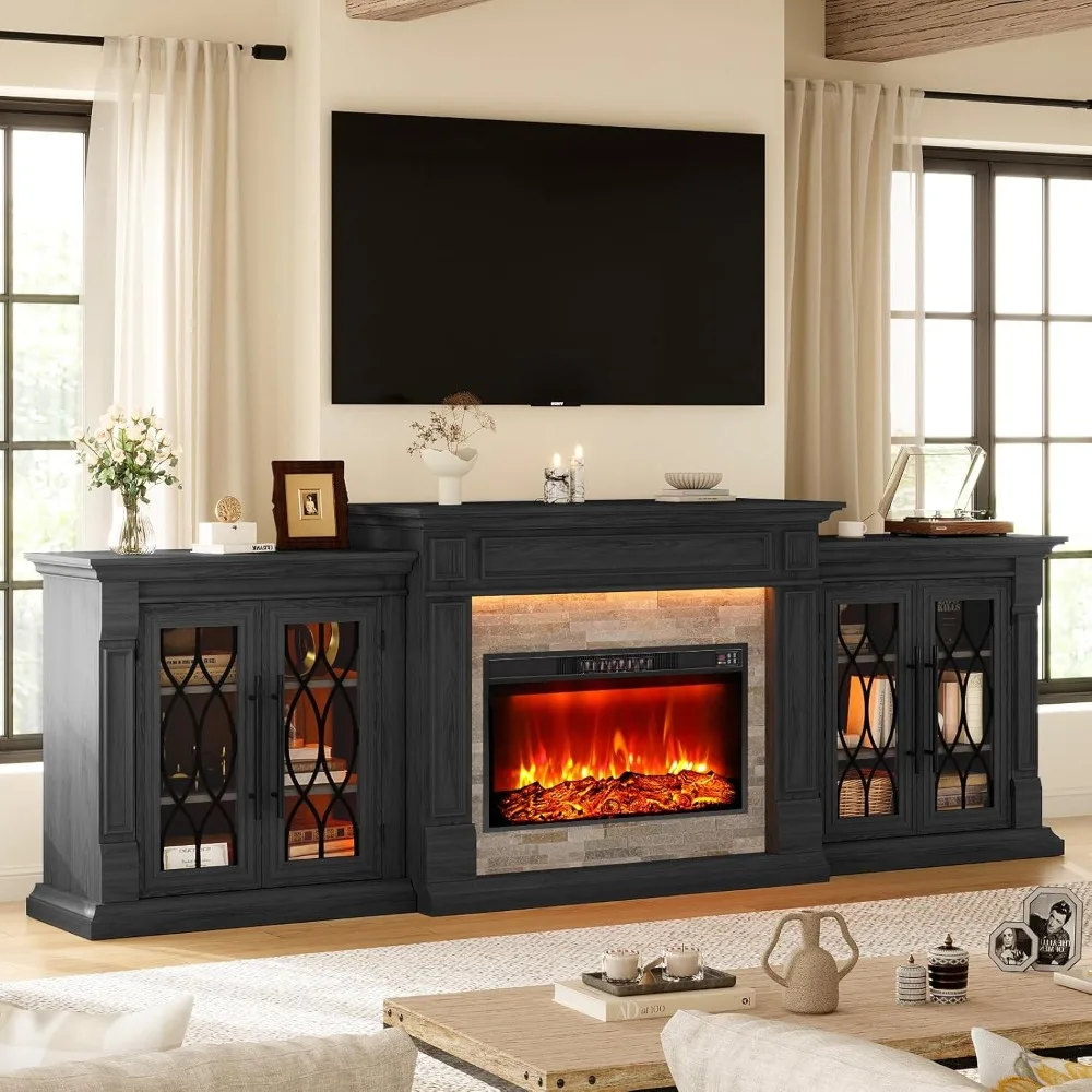 

104" Fireplace TV Stand,with Large Cabinets Tempered Glass Doors, LED Light & Power Outlet, Electric Fireplace Mantel