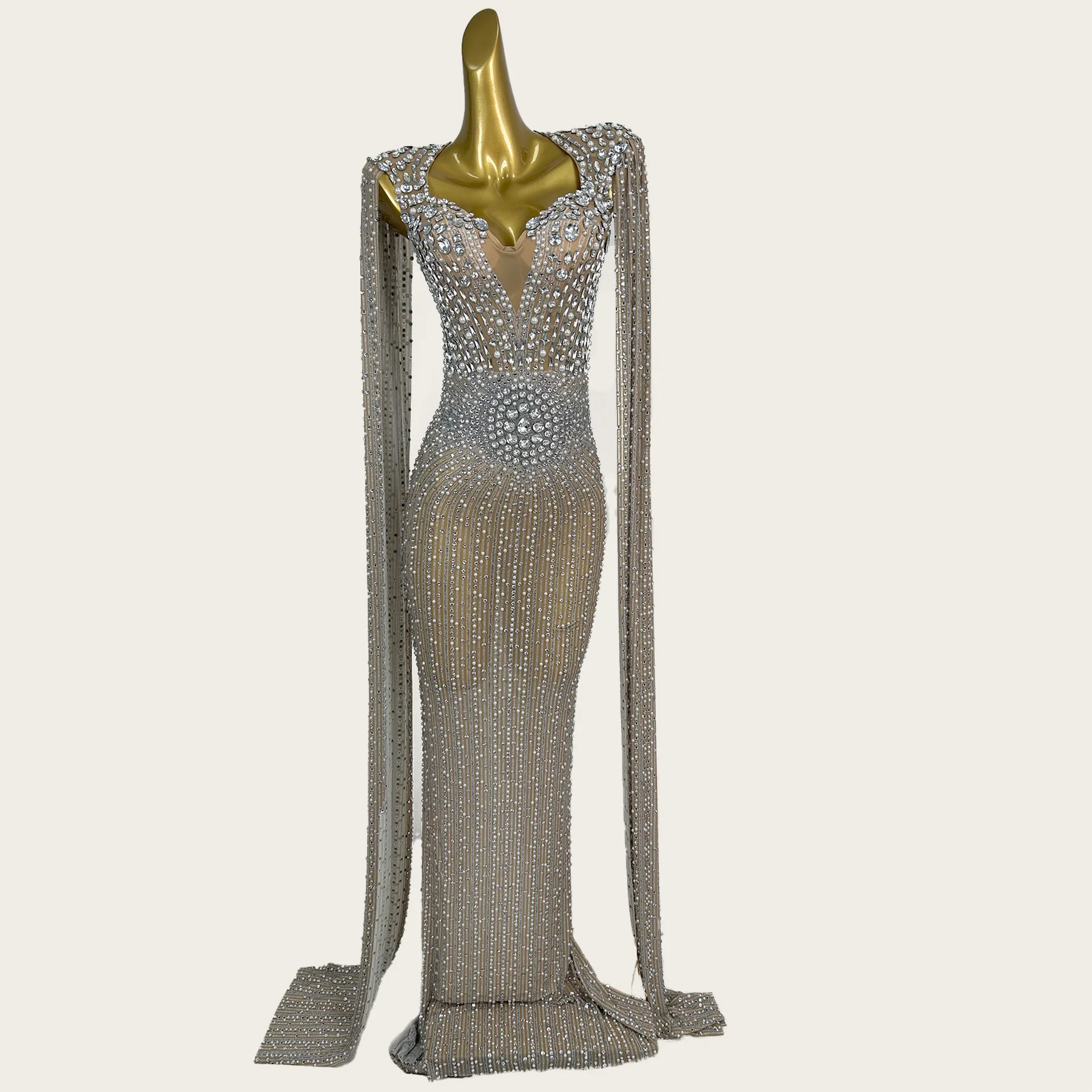 

Sparkly Crystals Birthday Celebrate Party Cloak Long Dress Fashion Luxury Women Prom Gala Red Carpet Pearls Evening Gown Luopan