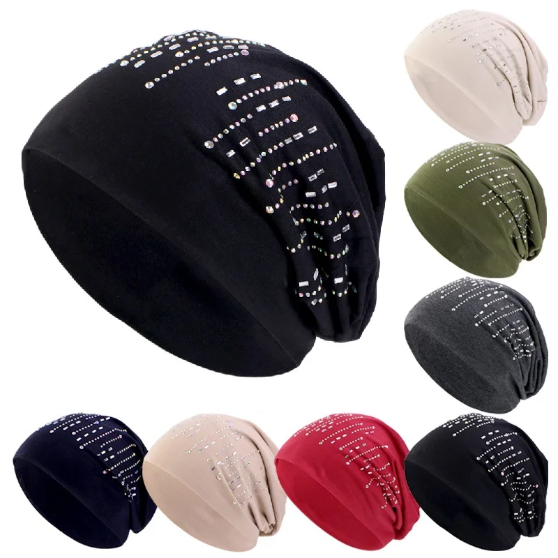 New Women Rhinestone Beaded Slouchy Beanie Hats Chemo Caps Cancer Headwear Skull Cap Unisex Windproof Casual Warm Hat