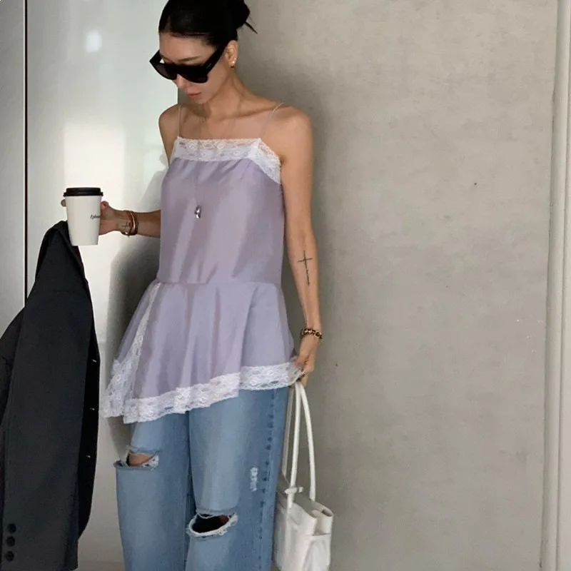 

2026 Summer New Hot Selling Sexy Satin Patchwork Lace Thin Shoulder Strap Irregular Hem Vest for Women