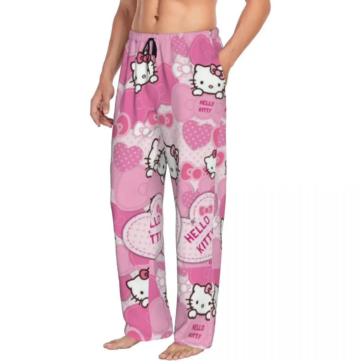 Pantalon de pyjama imprimé Hello Kitty Bow pour hommes, vêtements de nuit de dessin animé Anime personnalisés, bas avec poches