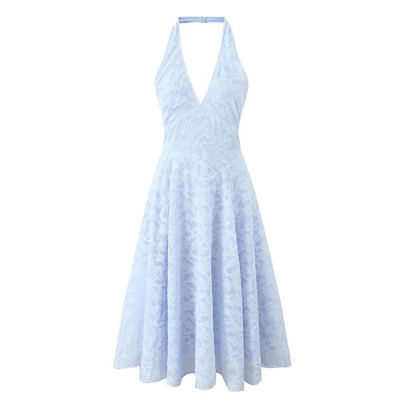 

Elegant Women Blue Jacquard Halter Holiday Dress Sexy Backless Low Waist A-line Female Summer Dresses High Street Party Robe