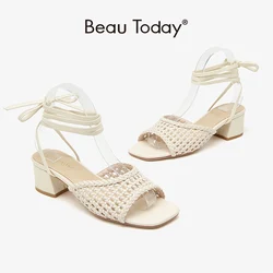 BeauToday décolleté sandali donna Slingback punta quadrata aperta pelle di vitello intrecciata caviglia incrociata estate scarpe da donna fatte a mano 31220