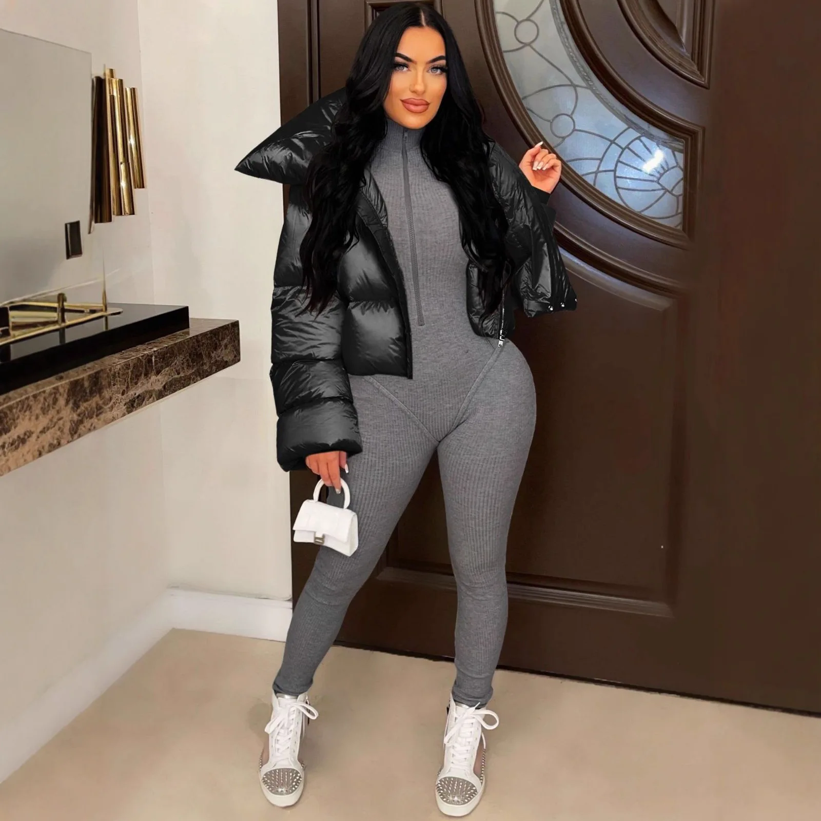 Winter Style Long Sleeve Short Length Zipper Closure Solid Color Fashionable High Collar Scarf Design Women's Cotton Jacket Coat