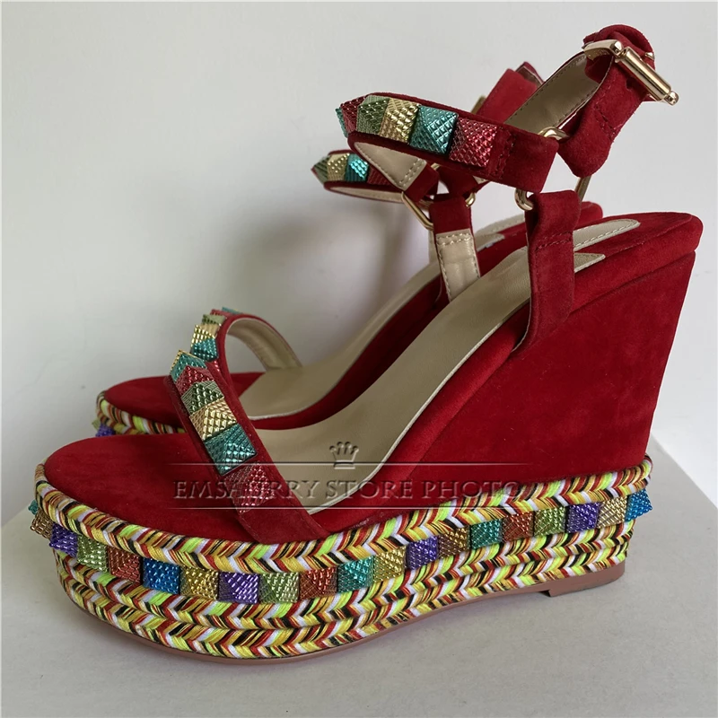 Colorful Beads Rivet Decor Platform Sandals Women High Wedges Ankle Strap Multicolor Party Shoes Summer