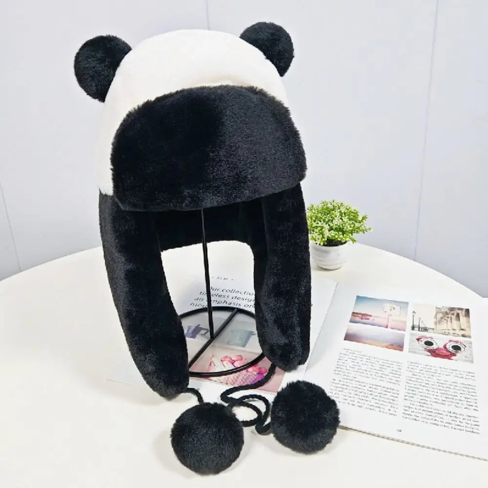 Classic Faux Fur Warm Hat Panda Style Plus Velvet Earflap Hat Ear Protection Cold-proof Hiking Trapper Hat Outdoor