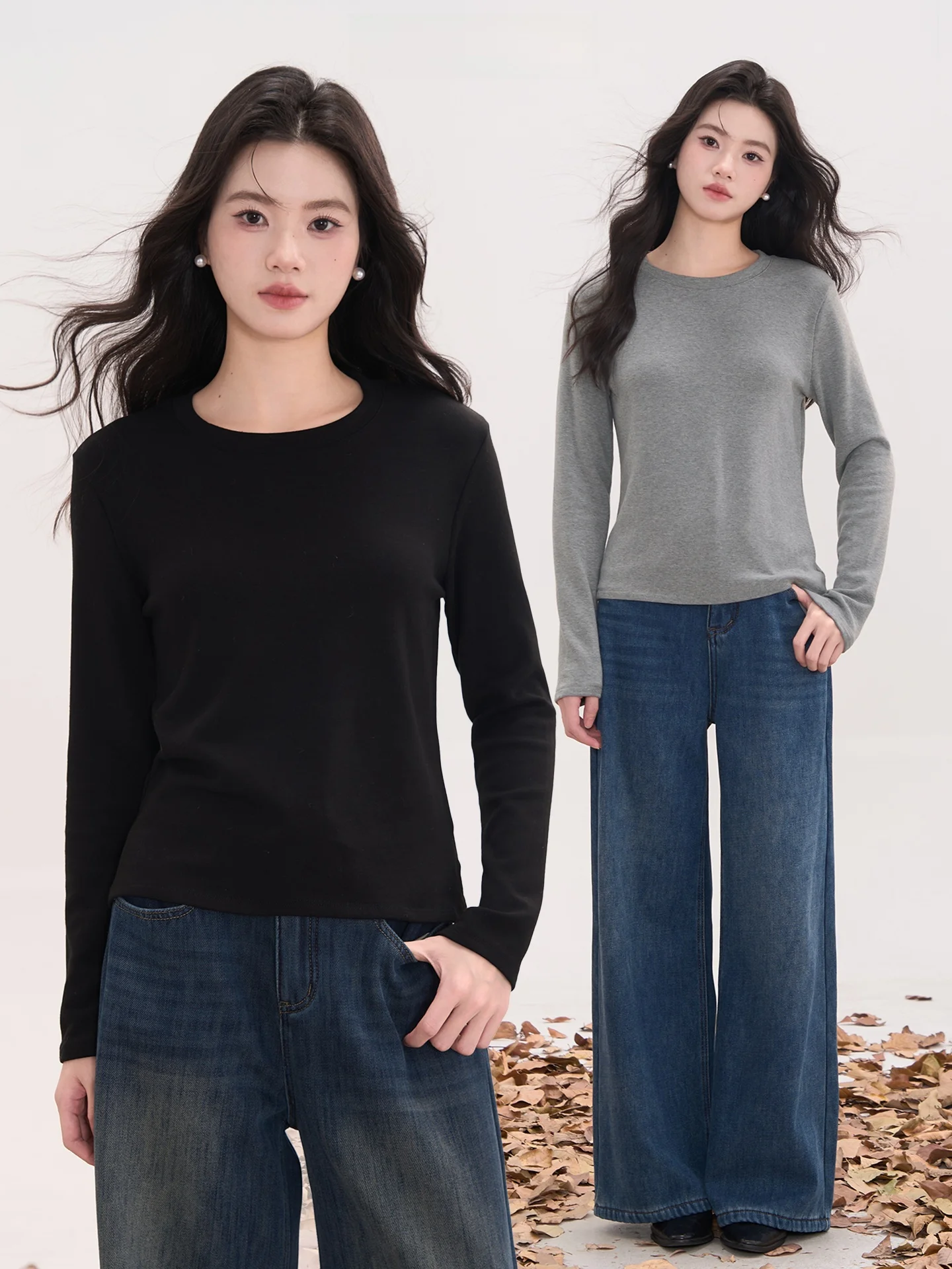 

Floral Field Window Heme Furry Long Sve round Ne T-irt Women's Slimming Pure Color Brued Base irt Casual Sle