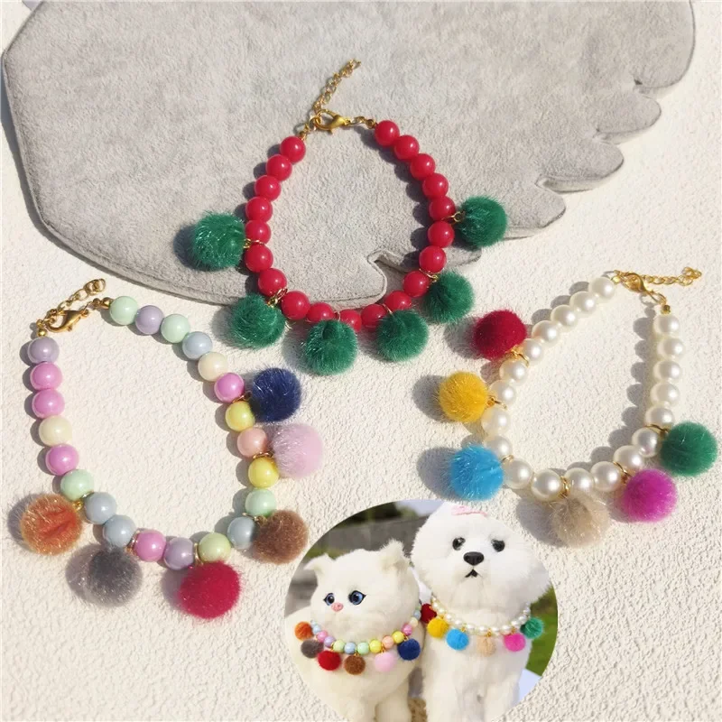 

1pc Pet Supplies Beautiful Plush Pearl Collar Handmake Mink Wool Ball Polyester Pendant Necklace Accessories for Cat Dog Gift