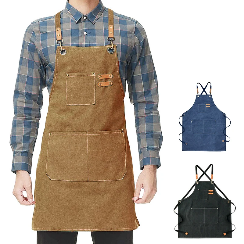 Leinenschürze für Männer und Frauen, Erwachsene, strapazierfähig, wasserdicht, ölbeständig, mit mehreren Rückenfächern für Küche, Café, Gartenarbeit, Kochen