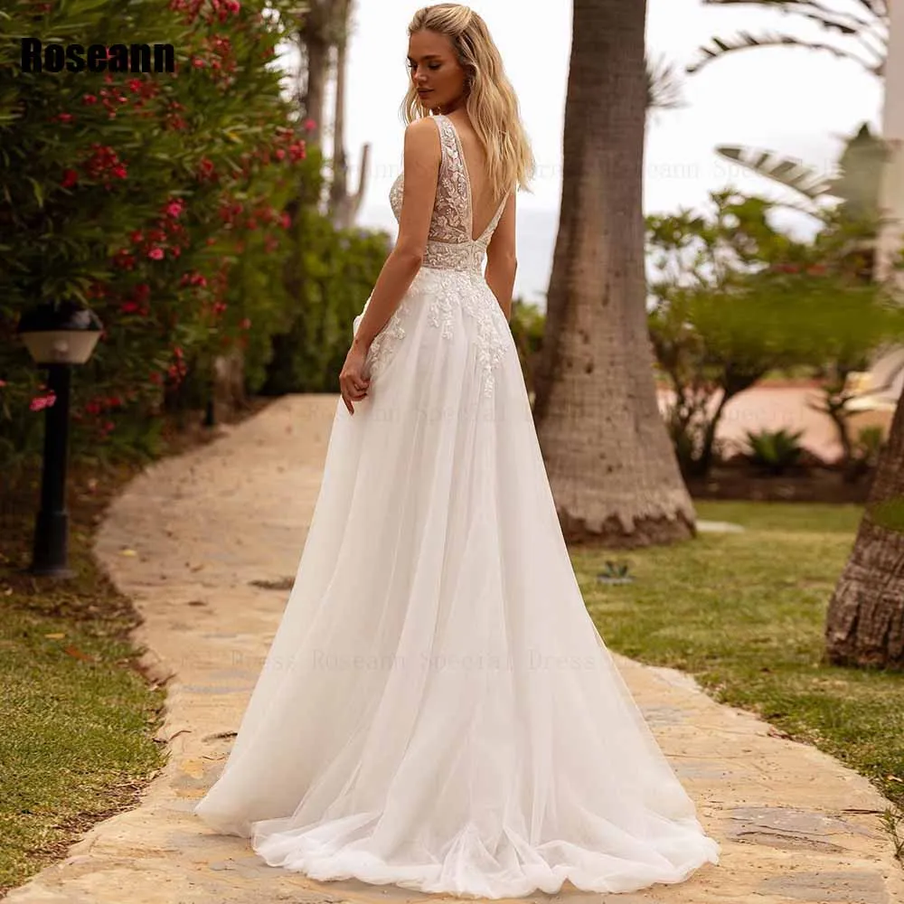 Exquisite A-line Wedding Dress V-Neck Applique Lace Draped Pleat Sleeveless Open Back Bride Dresses Floor Length robe de mariée