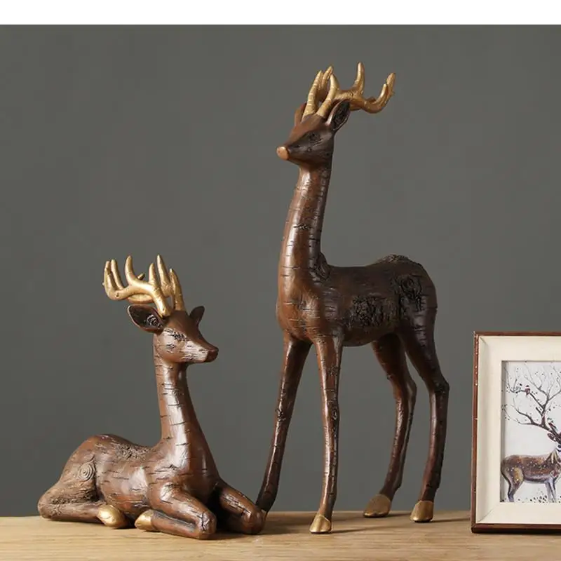 

Resin Crafts Pair of Deer Retro Living Room Desktop Ornament Senior Statue Lucky Animal Modern Home Accessories Gift