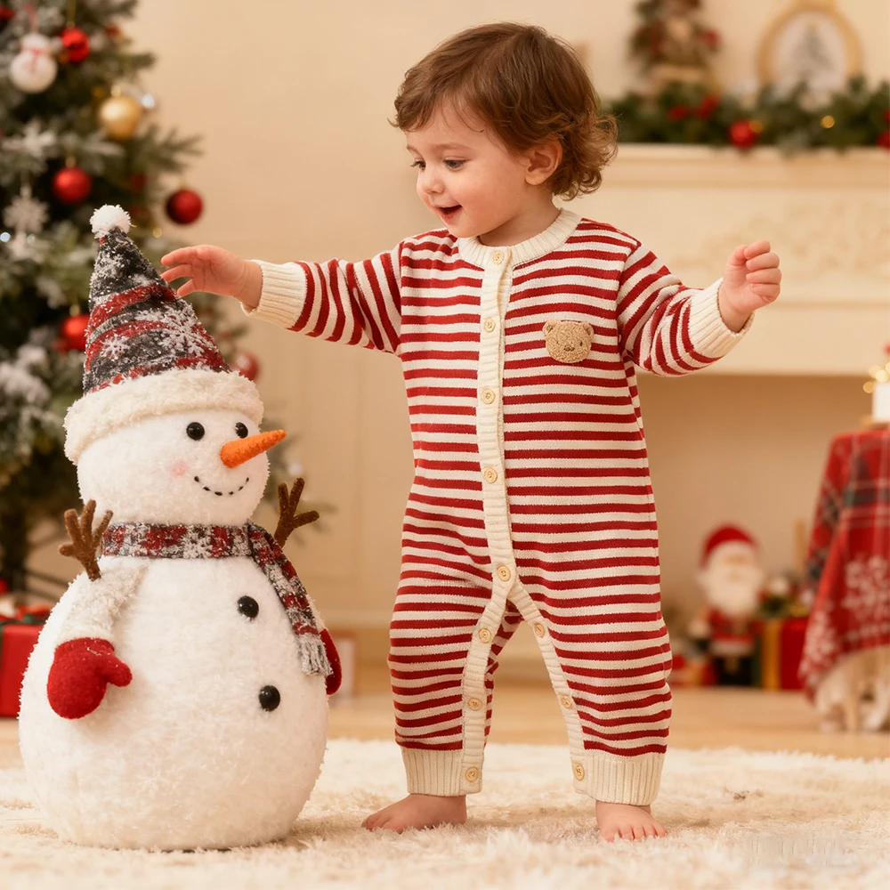 

Baby Christmas Red and White Striped Knitted Jumpsuit with Embroidered Teddy Bear and Open Collar for Warmth Knitted Jumpsuit