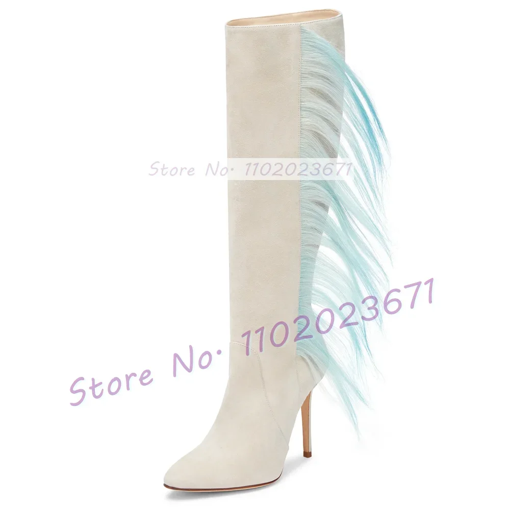 Ivory Suede Pointy Knee High Boots With Blue Fur Women Novelty Thin High Heels Shoes Stylish Ladies Flowing Fur Casual Boots