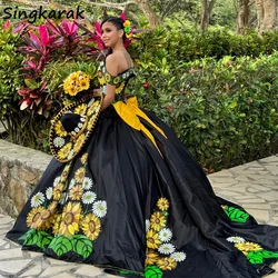 Exquisite Sunflowers Embroidery Ball Gown Quinceanera Dresses Bow Beads Mexican Sweet 16 Dresses Vestidos De 15 Años  Customized