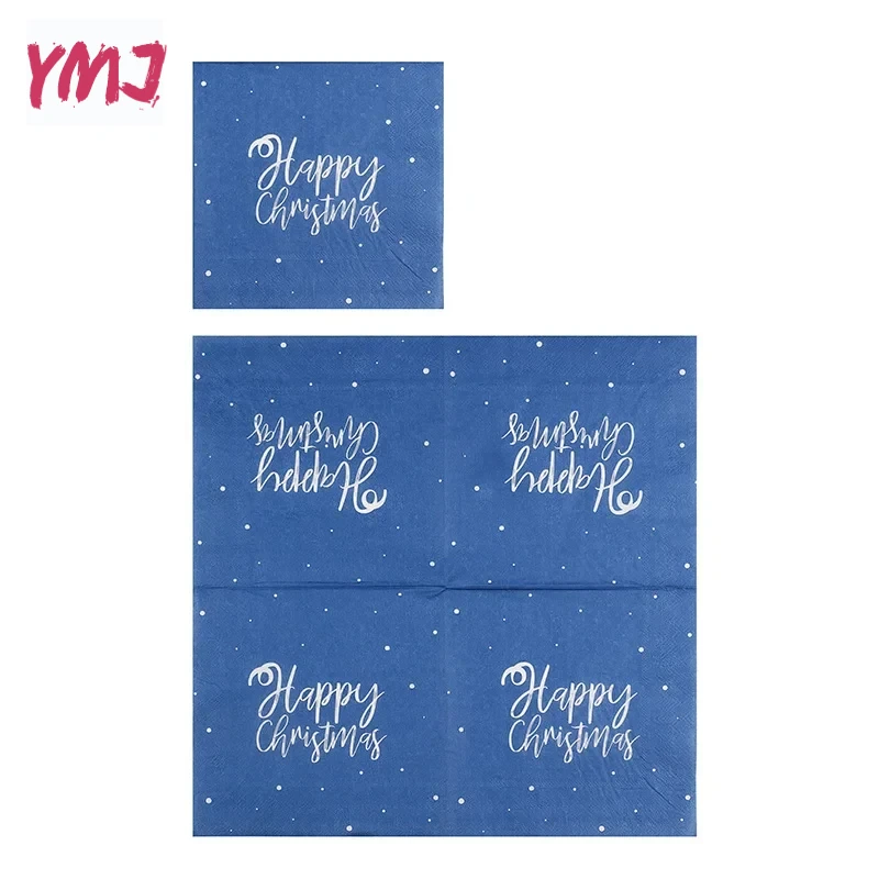 Blue background Merry Christmas printed napkins creative party table decoration square napkin wood pulp paper 2-Ply 10/20pcs