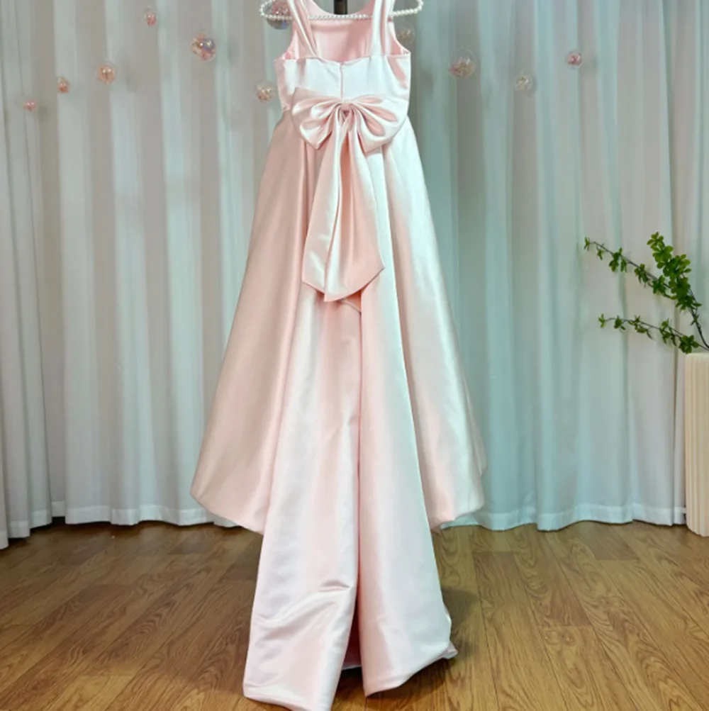 Elegant White Flower Girl Dress with Bow Satin Ball Gown for Kids Wedding Birthday First Communion Party 2025