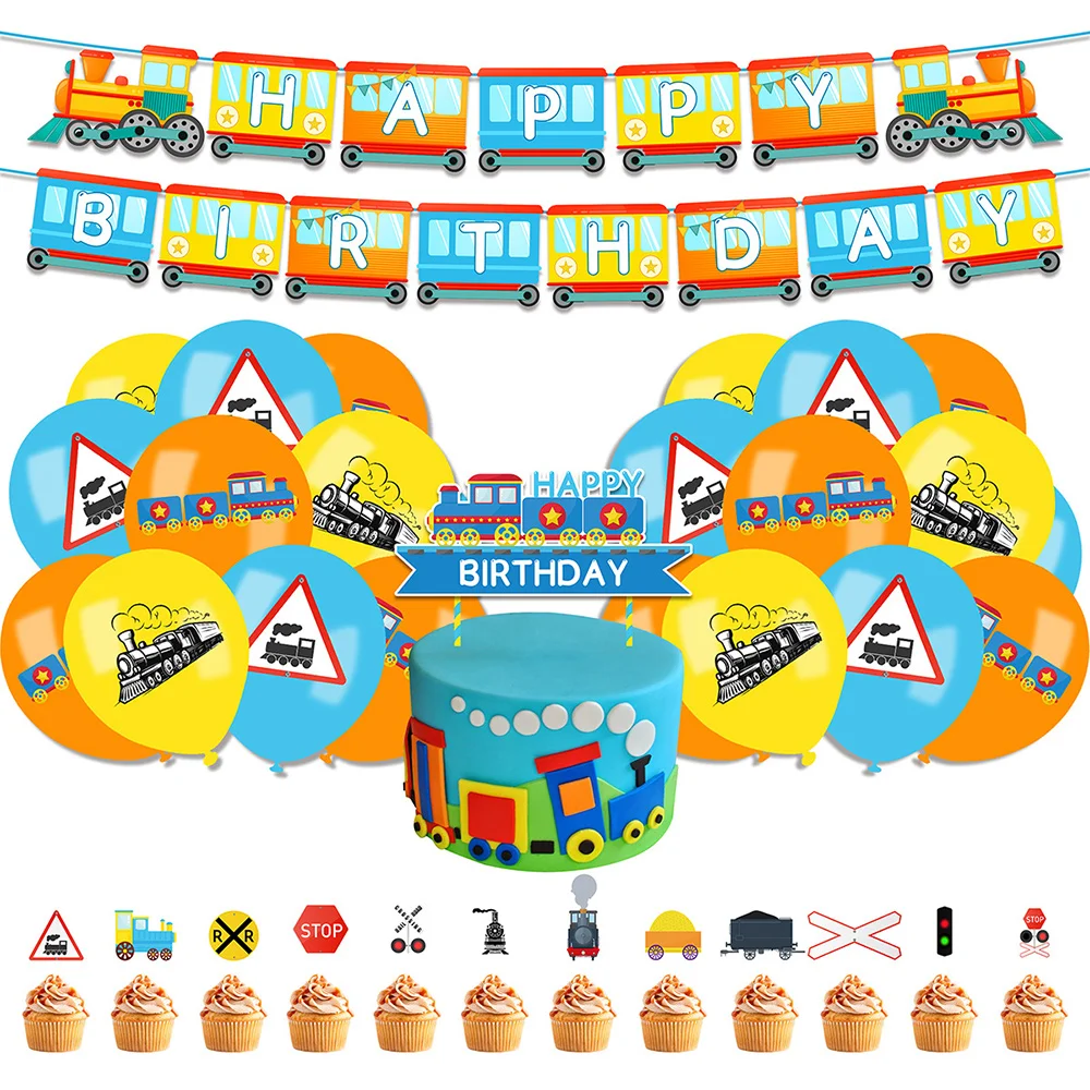 Train Themed Transportation Party Decor Balloons Banner Cupcake Topper Traffic Jam Cars Trucks Train Railroad Birthday Supplies