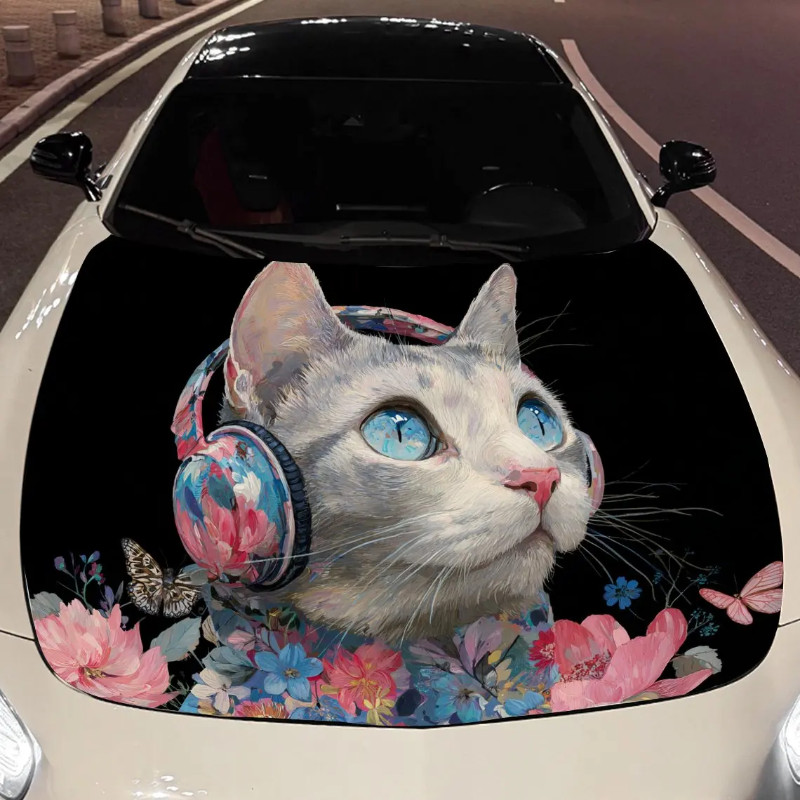 The gray kitten wearing headphones Car Hood Vinyl Stickers Car Surface Protection Decal Car Decoration Cover Vinyl Wraps Waterpr