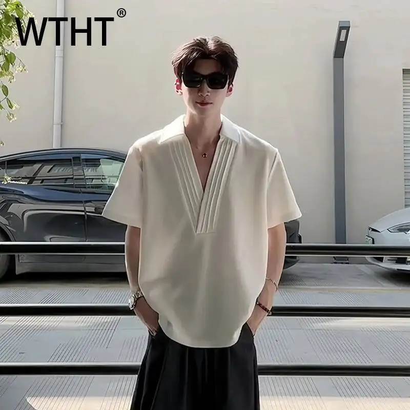 WTHT Trendy Men's Pleated Solid Color Shoulder Pads Loose T-shirts Fashion V-neck Lapel Casual Tops Male 2026 Summer 2A2891
