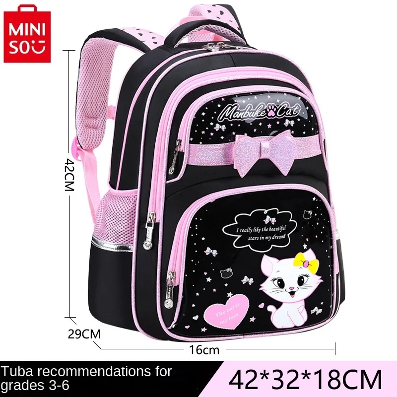 MINISO   Disney High Quality PU Waterproof Sweet Cartoon Mary Cat Large Capacity Multi functional Storage Children's Backpack