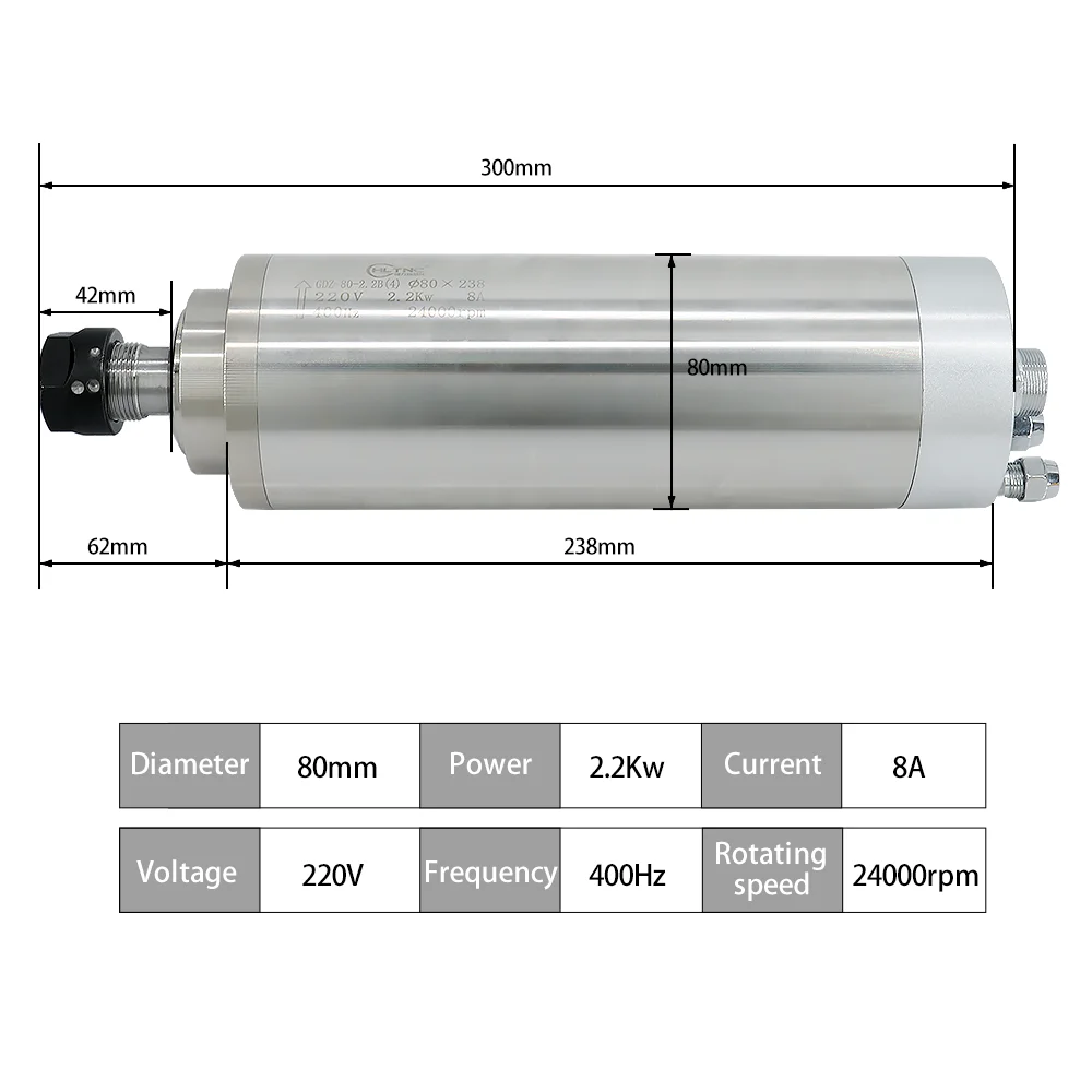 CNC 2.2kw Water Cooling Spindle ER20 2200W 220V water-cooled Milling Spindle + 2.2KW  YL VFD Inverter + Collets + Water Pump