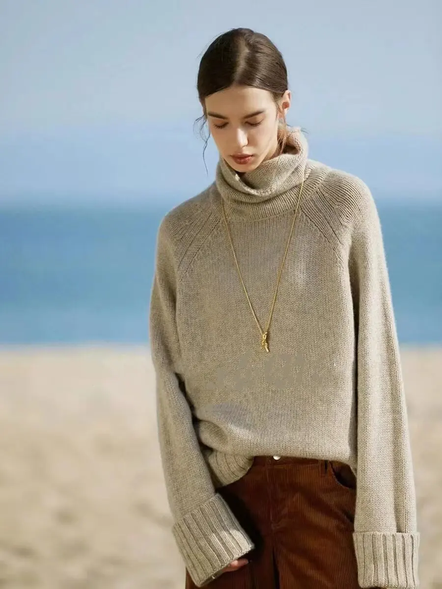 Merino 100% Wool Women's High Neck Loose Thick Pullover Shoulder Sleeves Autumn Winter Casual Cashmere Knitted Sweater