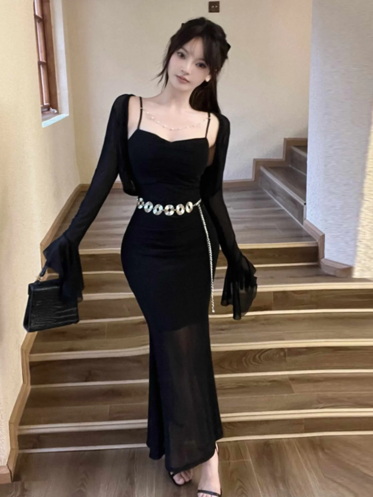 

Elegant Two-Piece Set with Long Sleeves Mesh Wrap Dress And Waist Chain for Ladies Fashionable Spring Season Four Seasons