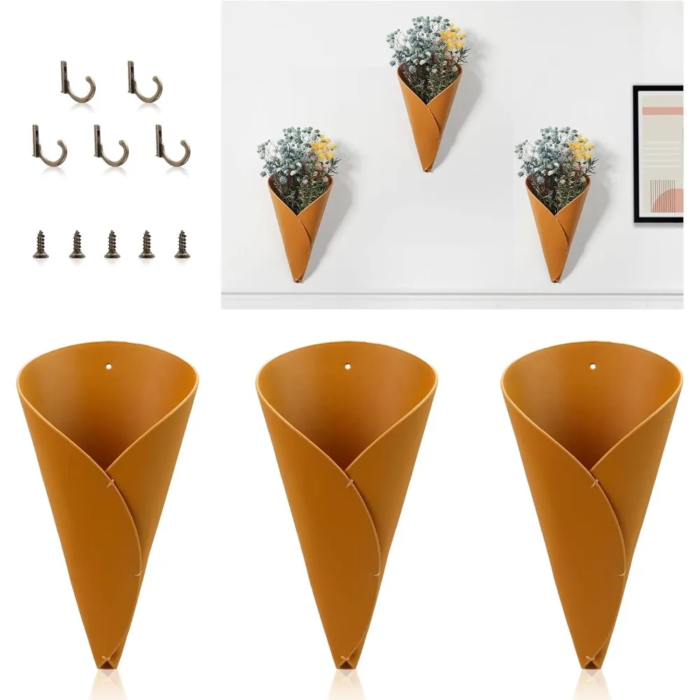 

3-piece PU leather wall-mounted vase rack, yellow hanging vases, with 5 hooks