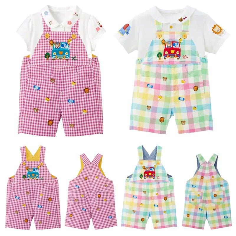 

Брюки-комбинезоны для мальчиков с мультяшным медведем зоопарка, клетчатые брюки для девочек с вышивкой