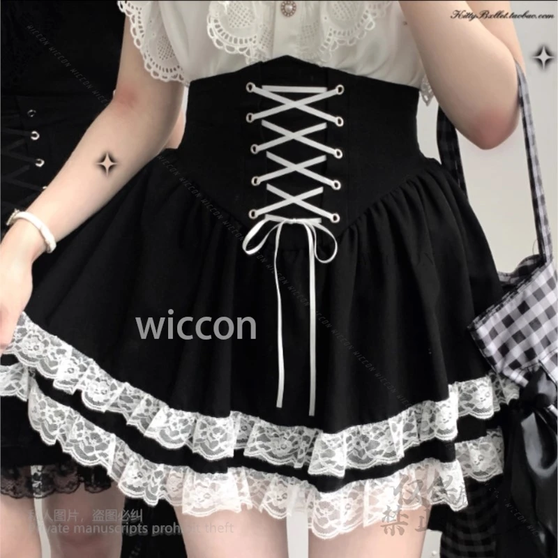 Japanese Style Y2K Jirai Kei Gothic Lolita Skirts A-Line Mini Skirts Dress Lace Ruffles High Waist Bandage Kawaii Halloween