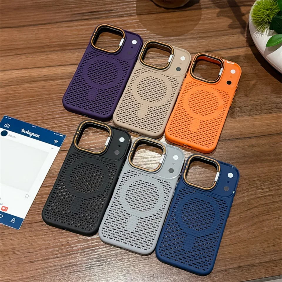 Funda con soporte para lente y disipación de calor, magnética Magsafe para iPhone 17 16 15 14 Plus 13 12 11 Pro Max, esmerilada, con marco 6