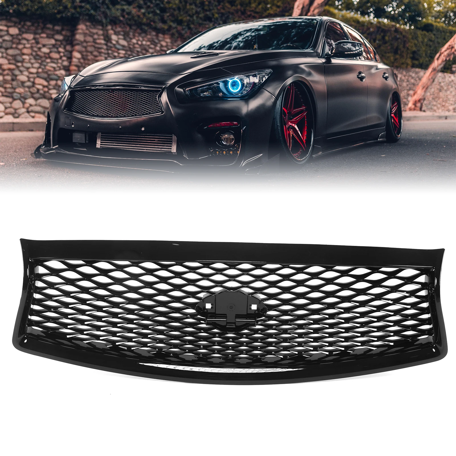 Gloss Black For Eau Rouge Style Front Bumper Mesh Grille Grills Replacement For Infiniti Q50 2014‑2017