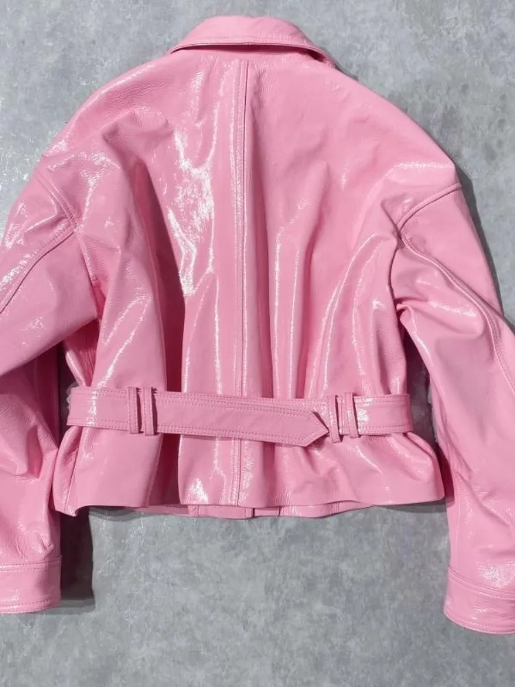 Fashion Female Loose Sheepskin Sashes Single Breasted Long Sleeves Lapel Solid Color Top Quality Genuine Leather Short Jackets