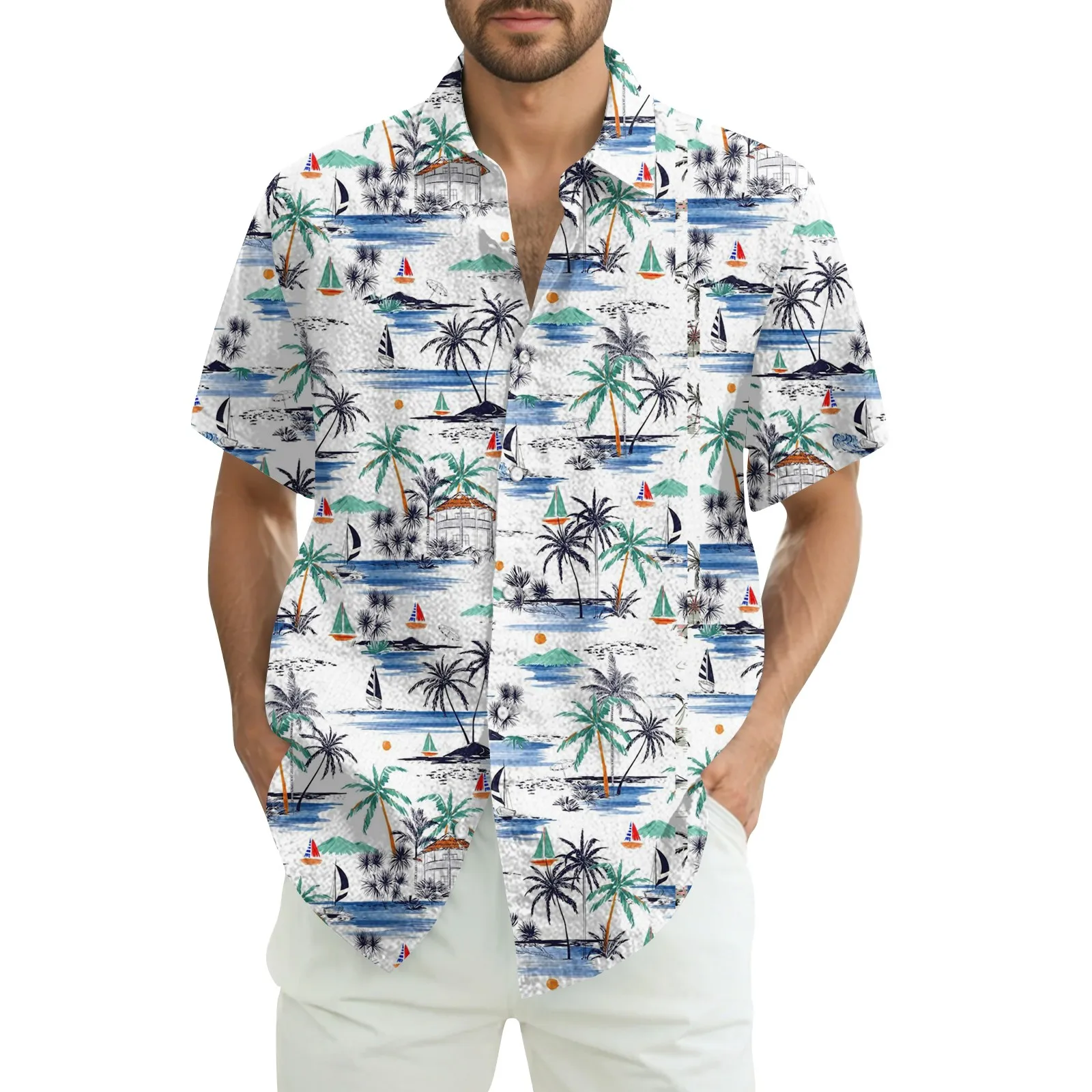

Summer T Shirt Man Printed Men'S Fashion Casual Loose Hawaiian Shirts Man Print Short-Sleeved Shirt Single Breasted Tops