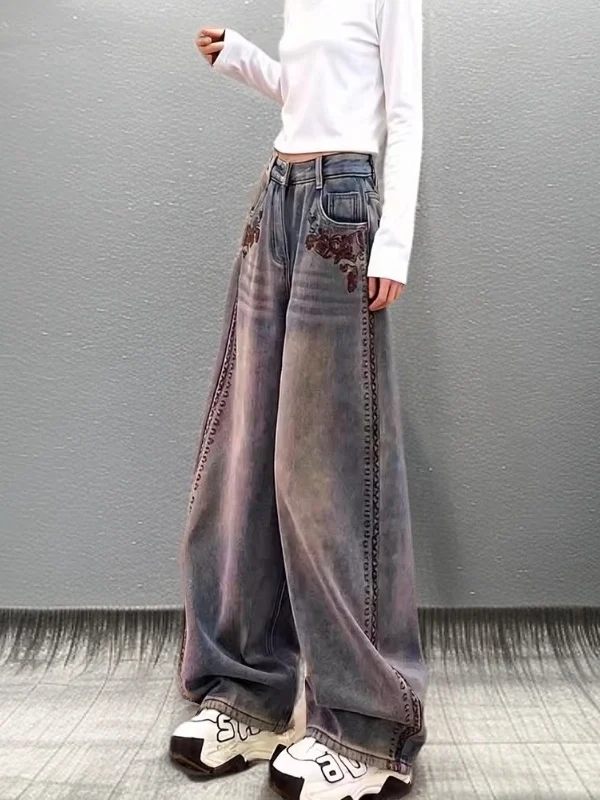 

Весенние джинсы с высокой талией, широкими штанинами, вышивкой, из денима, с эффектом похудения, длинные, повседневные, свободного кроя, с множеством карманов