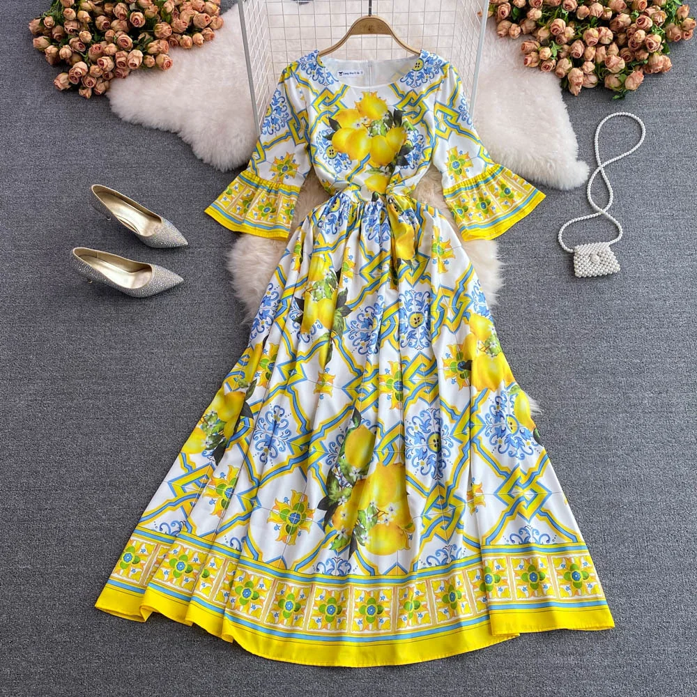 Summer Autumn Runway Robe Maxi Dress Women Bohemian Yellow Lemon Print Blue And White Porcelain Flare Sleeve Long Party Vestidos