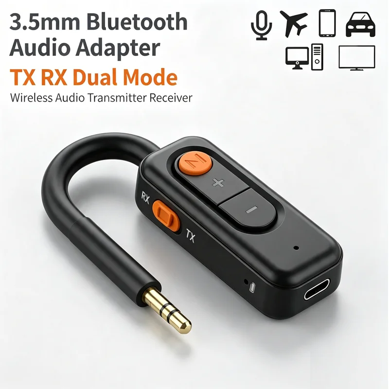 Bluetooth 5.4 Audio-Sender und -Empfänger 3,5-mm-AUX HD HiFi Stereo Musik Wireless-Adapter mit Mikrofon für Auto, Flugzeug, TV, PC, Lautsprecher