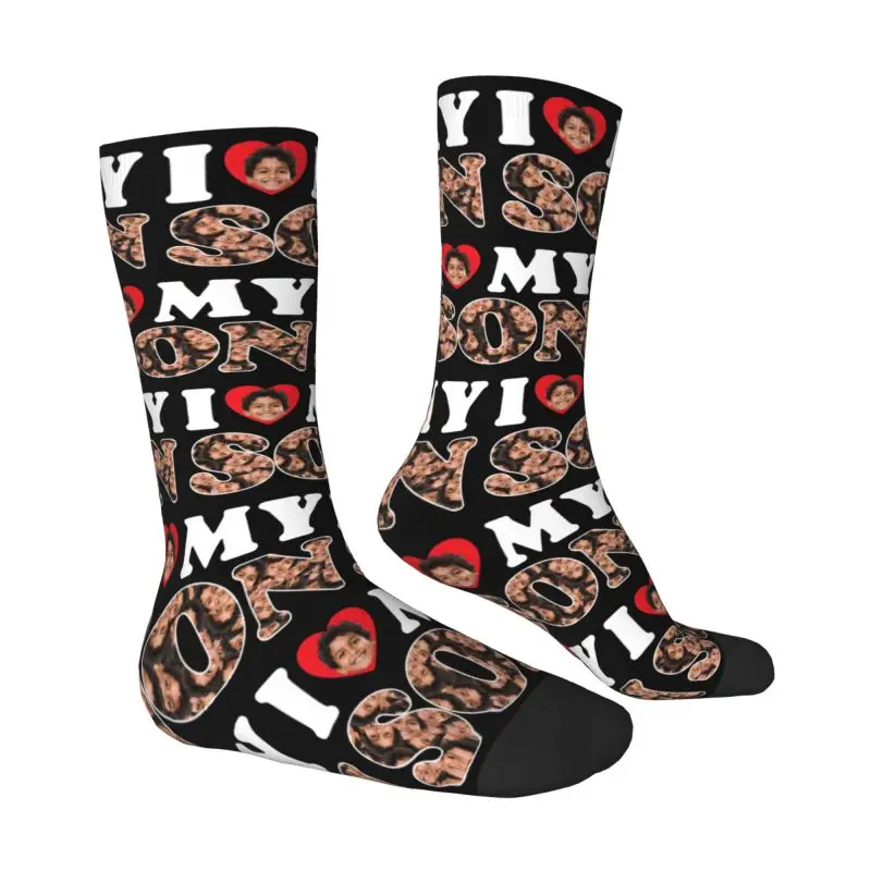 사용자 정의 참신 인쇄 나는 내 아들을 사랑합니다 얼굴 양말 남성 여성 스트레치 여름 가을 겨울 어린이 날       크루삭스