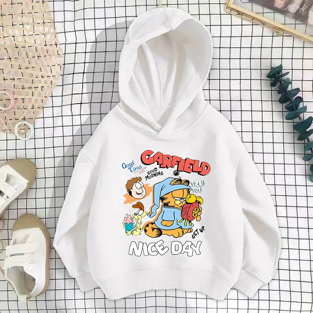 Sudadera con capucha con estampado de dibujos animados Garfield para niños, ocio al aire libre, Jogging, Tops deportivos, ropa para niños, ropa de calidad para niñas, Otoño e Invierno