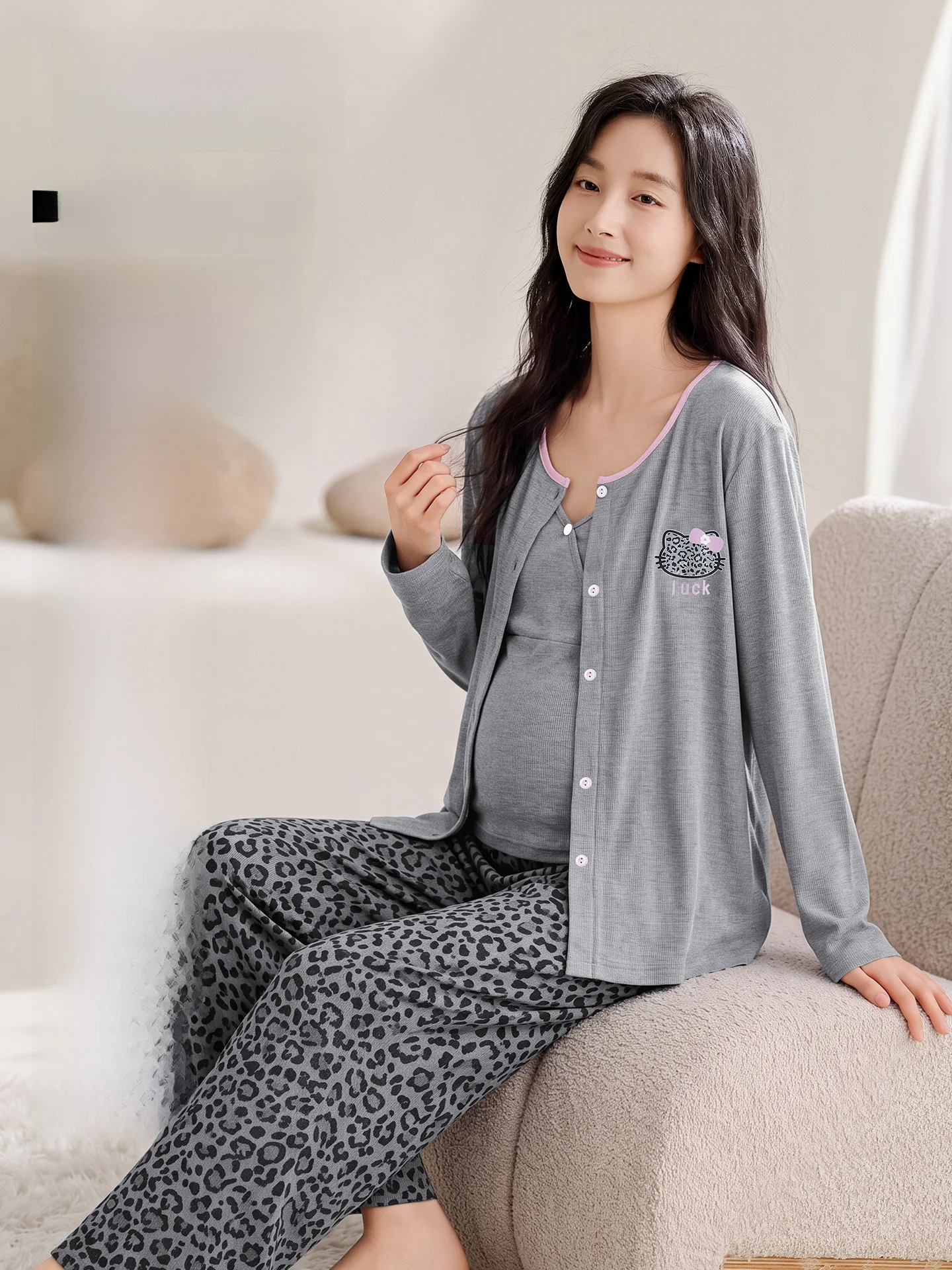 maternity-sleepwear-three-piece-set-with-chest-pad-for-pregnant-women-nursing-postpartum-comfortable-home-clothes-outfit