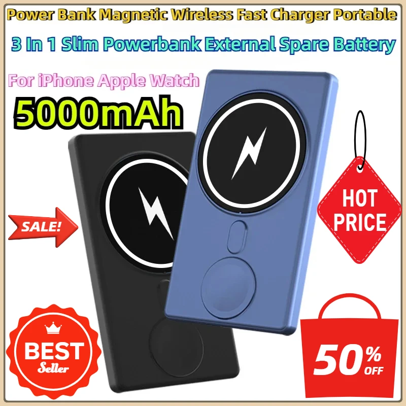 

3 in 1 Slim Powerbank External Spare Battery for IPhone Apple Watch 5000mAh Power Bank Magnetic Wireless Fast Charger Portable