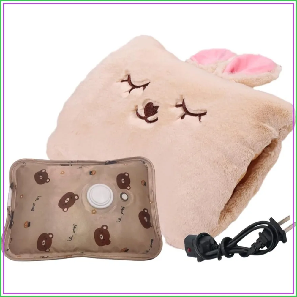 Cute Hot Water Bottle with Soft Cover, Portable Rechargeable Electric Hot Water Bag for Menstrual Cramps, Hot Compress Heating Pad, Plush Bunny Hand Warmer