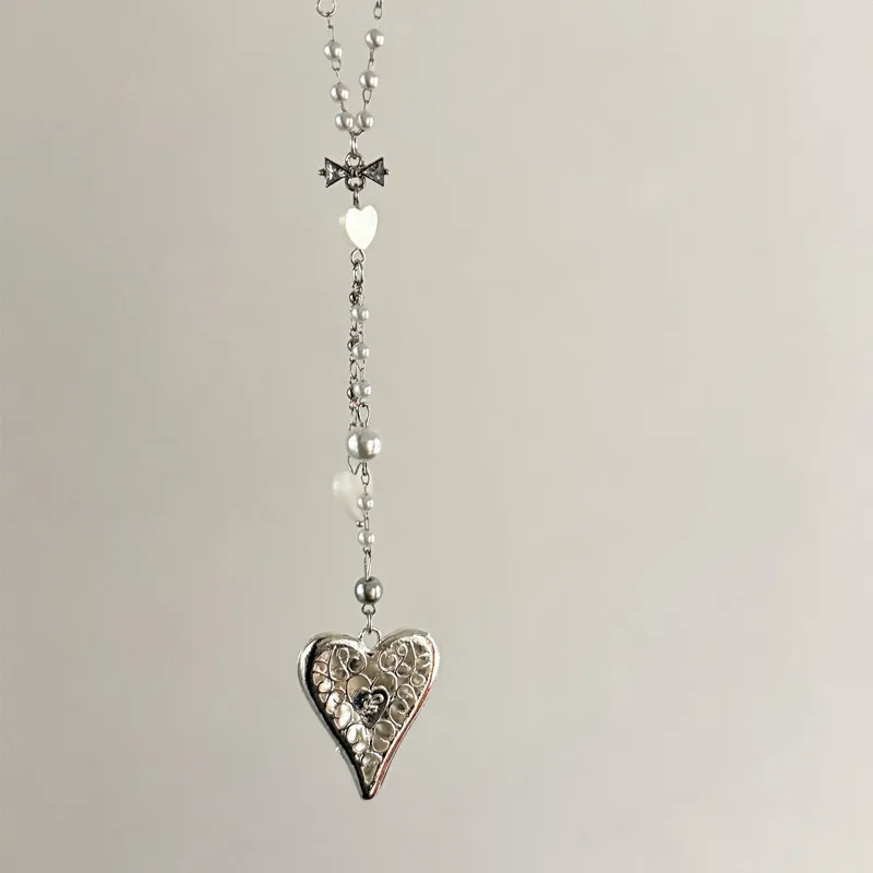 Y2K Schmuck Perlen-Schleife Herzförmiger Anhänger Halskette für Frauen Koreanische Mode Niedliche Vintage-Halskette Accessoires Punk