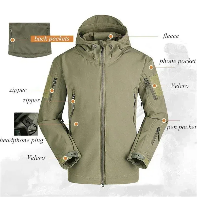 Winter Dark Blue Black Khaki Army Green Camouflage Soft Shell Waterproormy Tactical Warmth Wool Hooded Windproof Jacket Pants