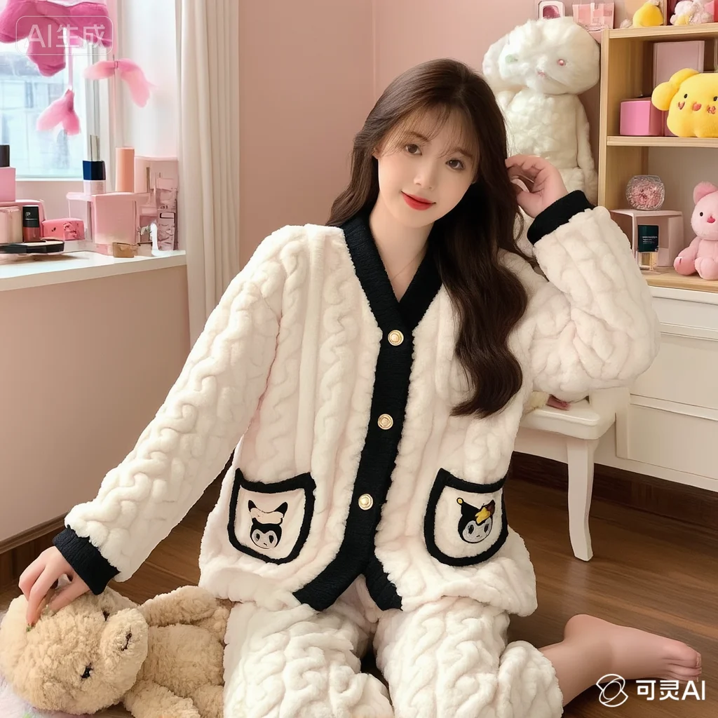 

Sanrio Kawaii Kuromi Pajamas Autumn Winter Stay At Home Pure Cotton Comfortable Leisure Sleep Can Be Worn Outside Girl College